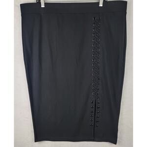 3X Black Midi Knit Skirt Fitted Pull On Lace Slit Party Gothic Dark Romantic